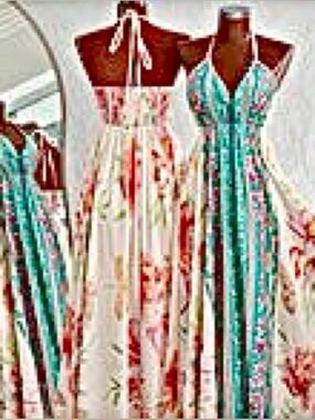 Floral Halter Maxi Dress in Teal and Cream. Size L. NWT.